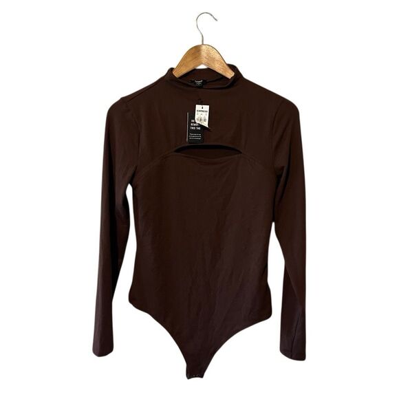 Express Body Contour Cozy Mock Neck Brown Cutout thong Bodysuit Size Medium NWT - Picture 2 of 6